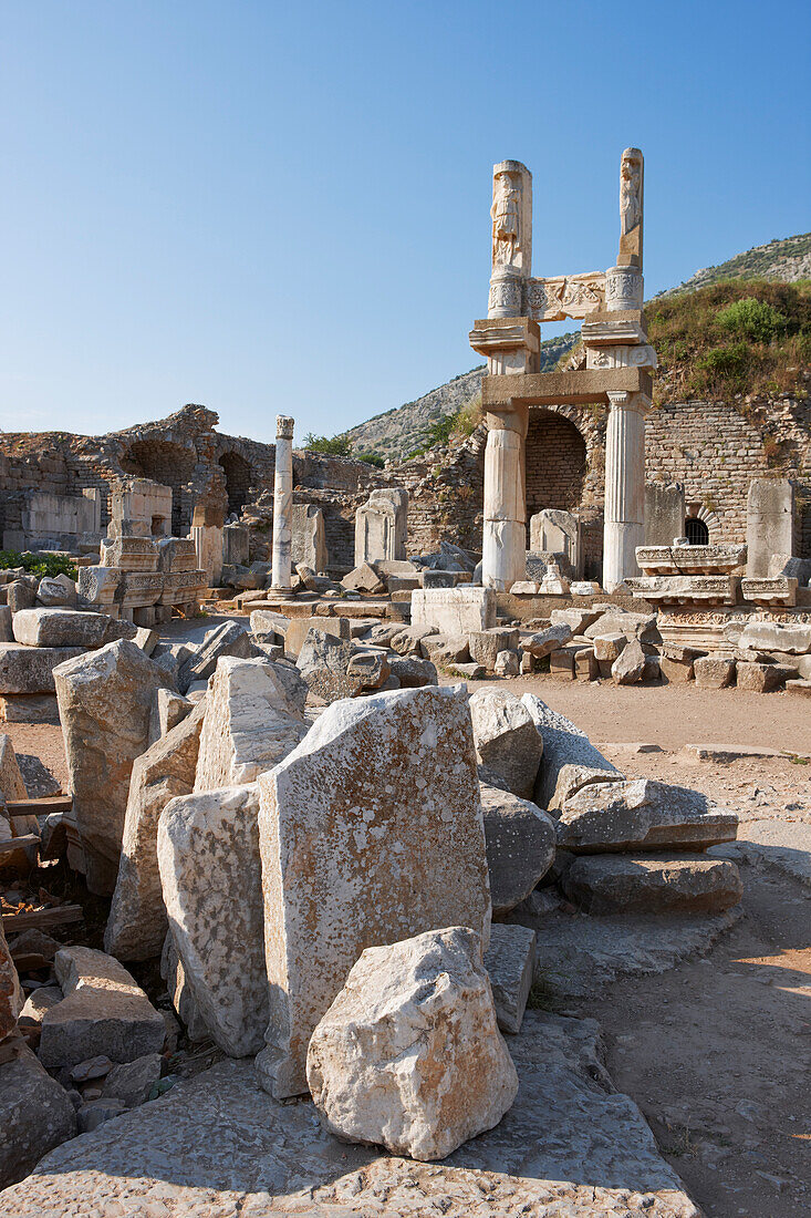 Ruins of buildings in the ancient city of Ephesus, a UNESCO World Heritage Site. Ephesus Archaeological Site, Izmir Province, Turkey.