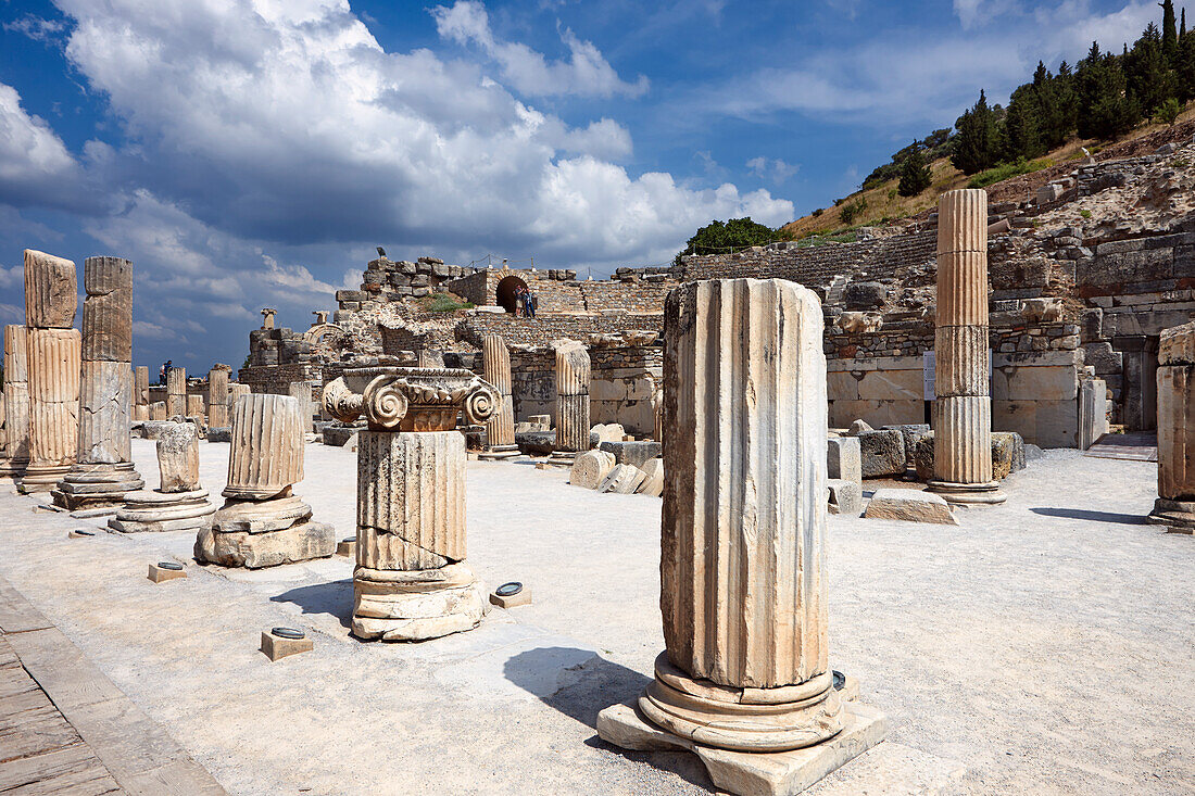 Ruins of The Basilica Stoa (Royal Colonnade) in the ancient city of Ephesus, a UNESCO World Heritage Site. Ephesus Archaeological Site, Turkey.