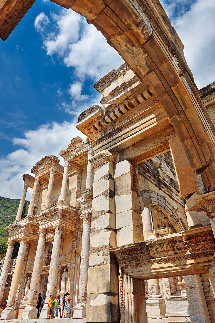 Celsus Library through the Gate of Mazeus and Mythridates in the ancient city of Ephesus, a UNESCO World Heritage Site. Izmir Province, Turkey.