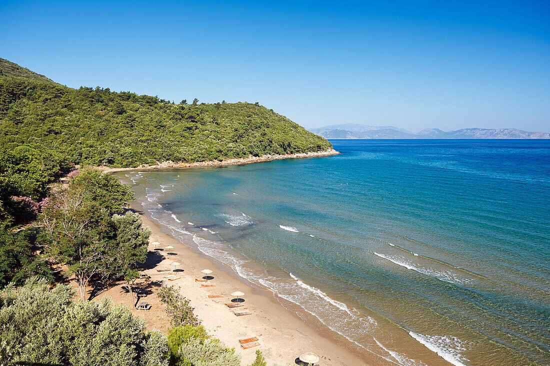 Aerial view of a sandy beach at Dilek Peninsula National Park. Aydin Province, Turkey.