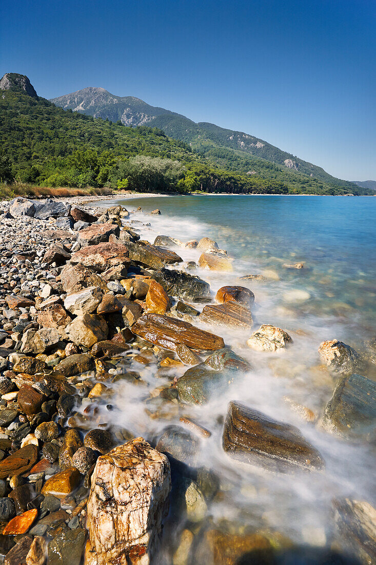 Scenic view of a rocky beach at Dilek Peninsula National Park, Aydin Province, Turkey.