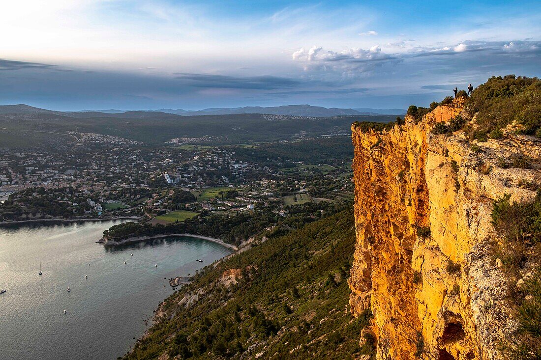 Steilklippe, Steilküste Cap Canaille, Forêt Communale de Cassis, Blick auf die Stadt Cassis, Klippe, Mittelmeer, Frankreich, Südfrankreich