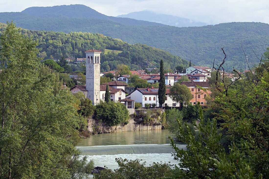  View of Cividale del Friuli with Tower of San Pietro on the river Natisone, Friuli, Northern Italy 