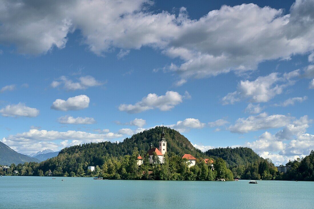  at Lake Bled with Lake Island and Sveti Maria, Bled, Julian Alps, Slovenia 