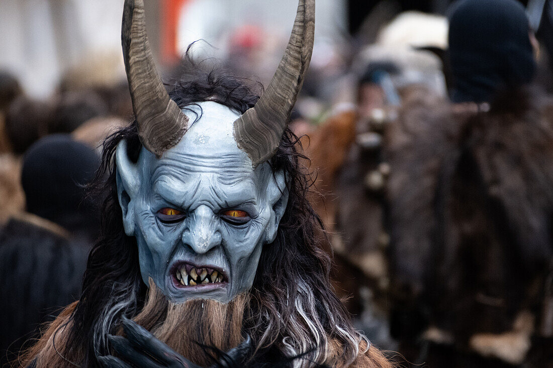  Detailed view of Percht costume at the Krampus run in Munich, Bavaria, Germany, Europe 