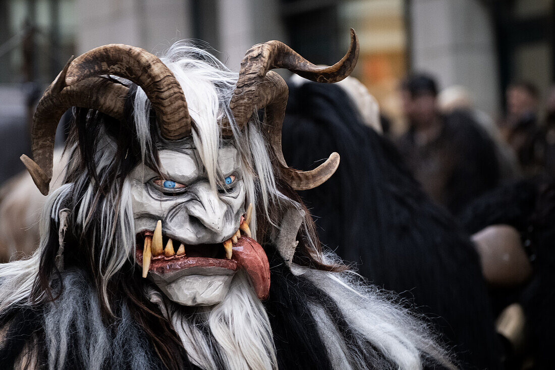  Detailed view of Percht costume at the Krampus run in Munich, Bavaria, Germany, Europe 