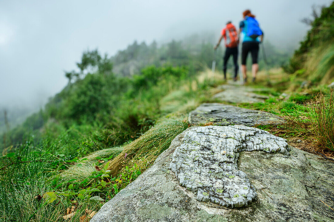  Man and woman hiking on stone slab path with large quartz to the Rifugio Rivetti hut, GTA, Grande Traversée des Alpes, Biella, Alpi Biellesi, Valais Alps, Piedmont, Italy 