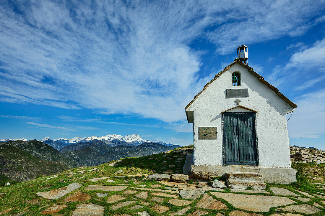  Chapel of San Maurizio on the summit of Monte Camino with Monte Rosa in the background, Monte Camino, GTA, Grande Traversée des Alpes, Biella, Alpi Biellesi, Valais Alps, Piedmont, Italy 