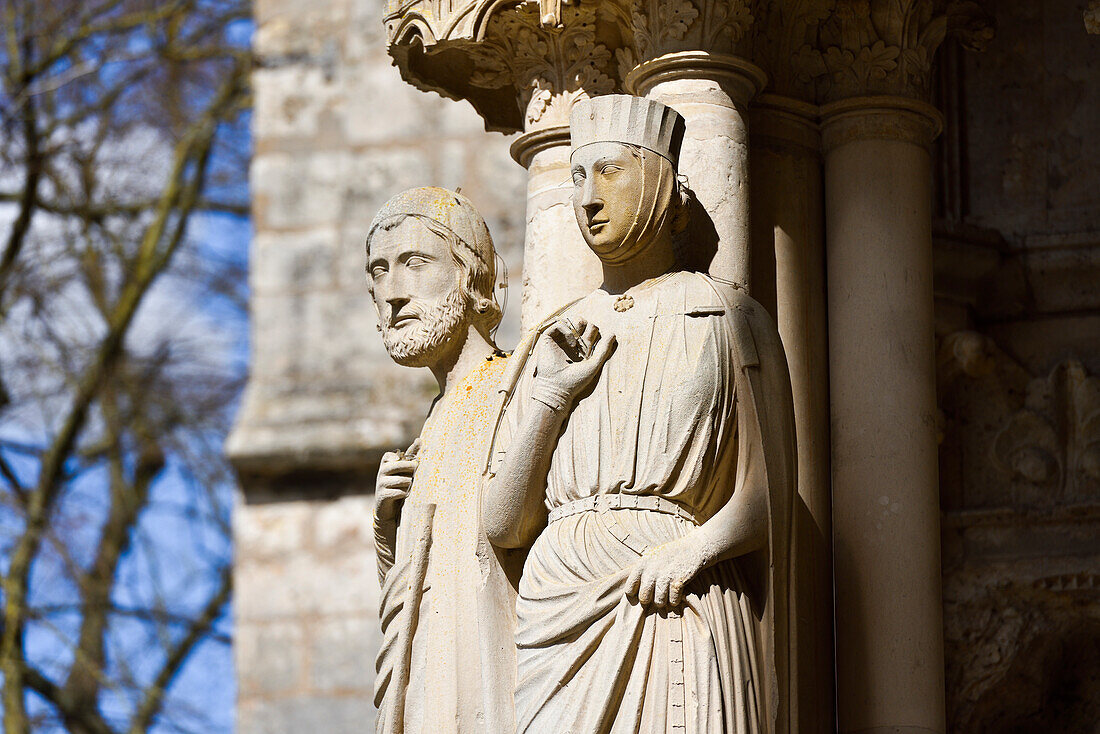 Statues of the left jamb of the front porch of the central bay of the North portal of the north side facade of the cathedral, City of Chartres, Eure-et-Loir department, Centre-Val-de-Loire region, France, Europe