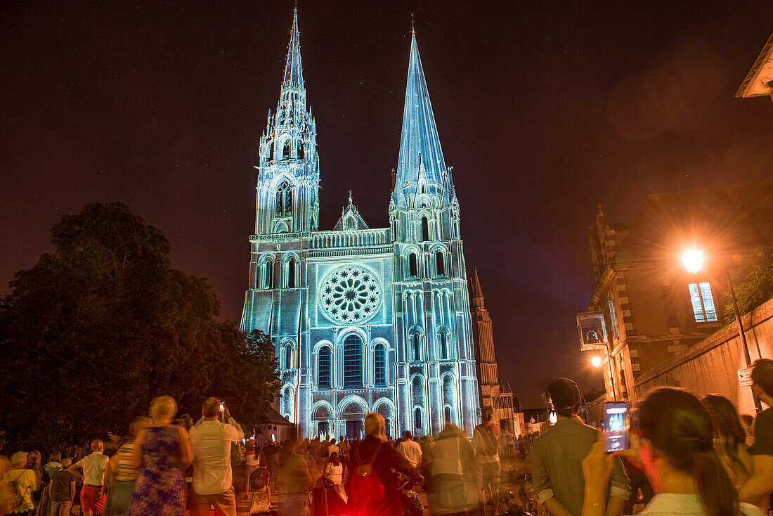 West facade of the Cathedrale in Lights (Artistic Designs: Spectaculaires, Les Allumeurs d'images), seen from the forecourt, City of Chartres, Eure-et-Loir department, Centre-Val-de-Loire region, France, Europe