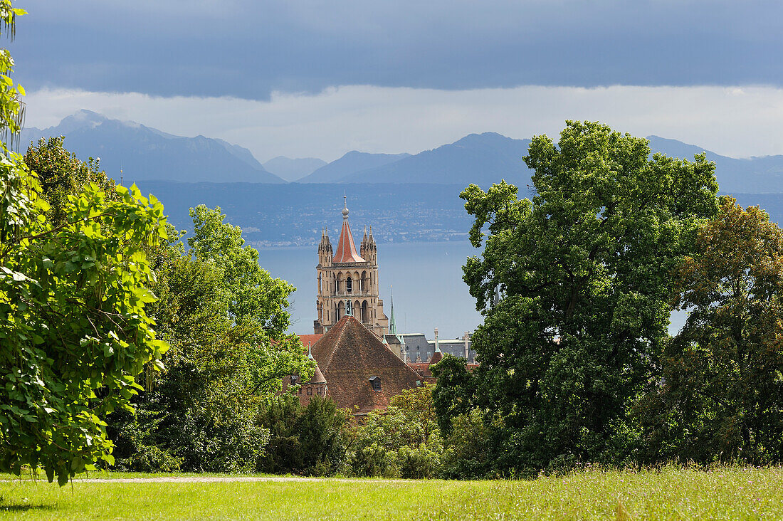 Cathedral of Notre Dame Tower and Chateau Saint-Maire roof with the Leman Lake in background seen from the gardens of the Fondation de l'Hermitage,Lausanne,Canton of Vaud,Switzerland,Europe