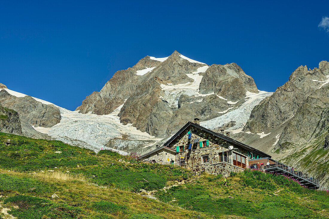  Rifugio Elisabetta Soldini with Aiguilles de Trè la Tête, Val Veny, Tour du Mont Blanc, Mont Blanc group, Graian Alps, Aosta Valley, Italy 