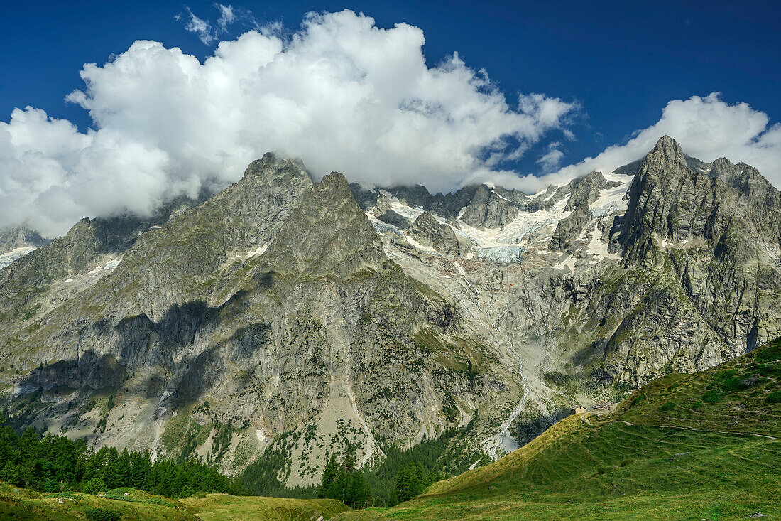  View from the Val Ferret to Petites Jorasses and Aiguille de Leschaux, Val Ferret, Tour du Mont Blanc, Mont Blanc Group, Graian Alps, Aosta Valley, Italy 