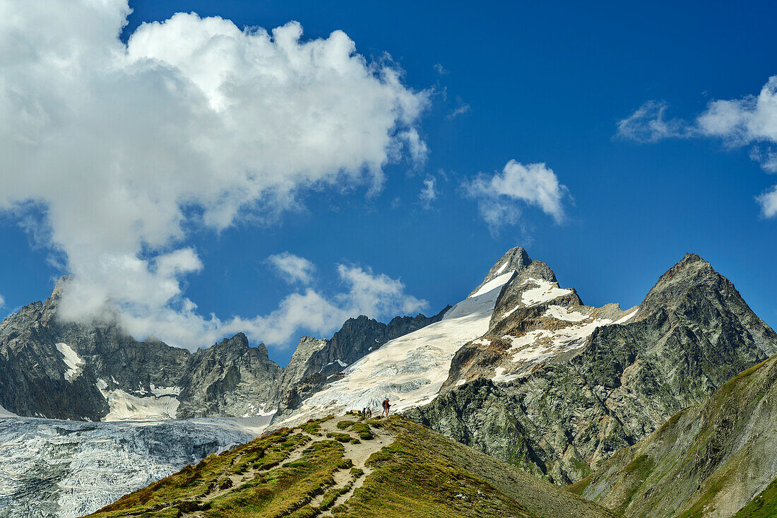  Several people standing on a meadow below Mont Dolent, Grand Col Ferret, Tour du Mont Blanc, Mont Blanc Group, Graian Alps, Aosta Valley, Italy 