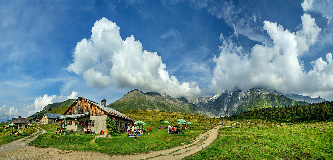  Panorama with Auberge du Truc hut and Mont Blanc group in clouds, Tour du Mont Blanc, Mont Blanc group, Graian Alps, Haute-Savoie, Upper Savoy, France 