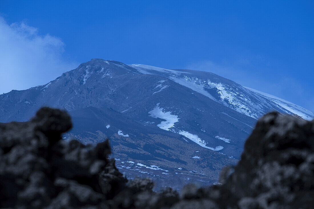  View of the summit crater of Mount Etna at blue hour, UNESCO World Heritage Volcano, stratovolcano, Mount Etna, Italy, Sicily,\n 