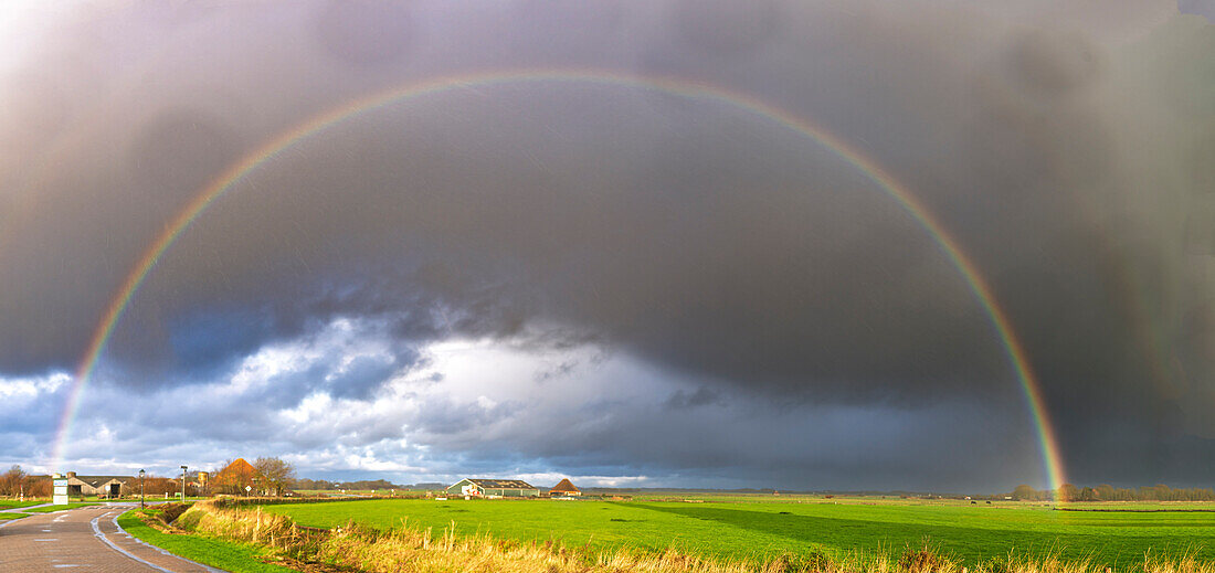 Ein leuchtender Regenbogen über einem grünen Feld,  Westfriesische Insel Texel, Nordsee, Provinz Nordholland, Niederlande