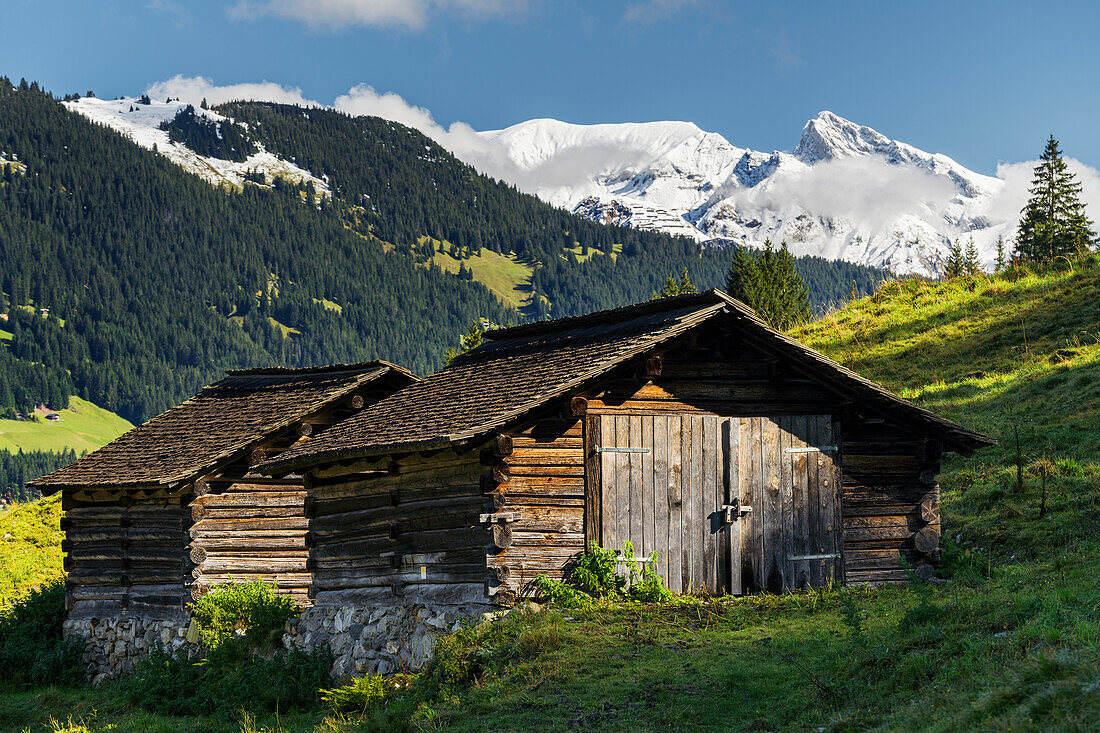 Holzhütten im Gauertal, Schruns, Rätikon, Vorarlberg, Österreich