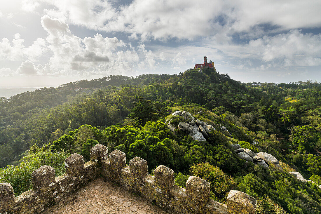  View from Castelo dos Mouros to the Palace da Pena, Sintra-Cascais Natural Park, Lisbon, Portugal 