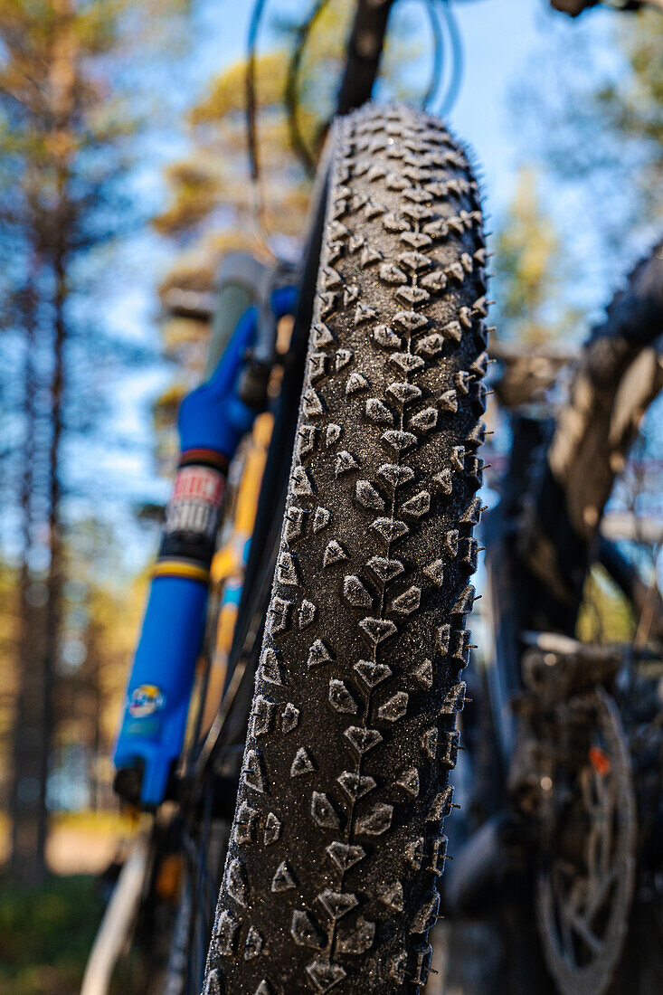 Finnland, Lappland, Inari, Nahaufnahme Fahrrad, Fahrradreifen mit Profil