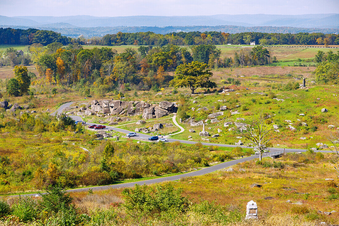  View from Little Round Top overlook of American Civil War battlefields in Gettysburg National Military Park in Gettysburg, Adams County, Pennsylvania, USA 