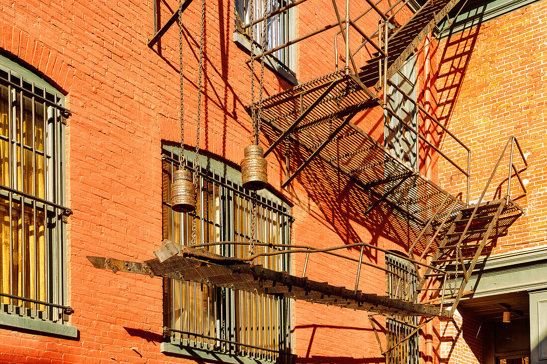  Fire escapes with weights on the facade of the Central Market in Historic Downtown in Lancaster in Pennsylvania Dutch Country, Pennsylvania, USA 