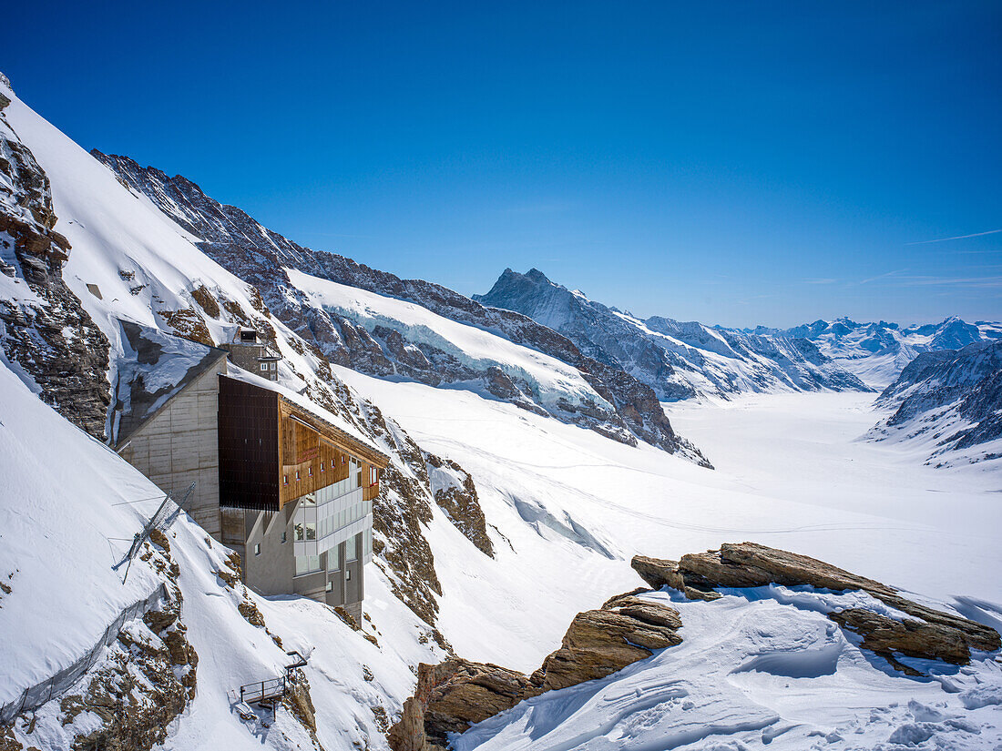  View from the Jungfraujoch plateau to the Aletsch glacier, Alps, Wengen, Grindelwald, Canton of Bern, Bern, Valais, Switzerland, Europe 