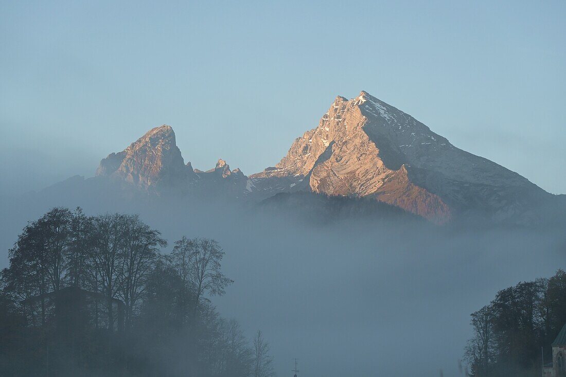  View of Watzmann with morning mist, Berchtesgaden, Upper Bavaria, Bavaria, Germany 