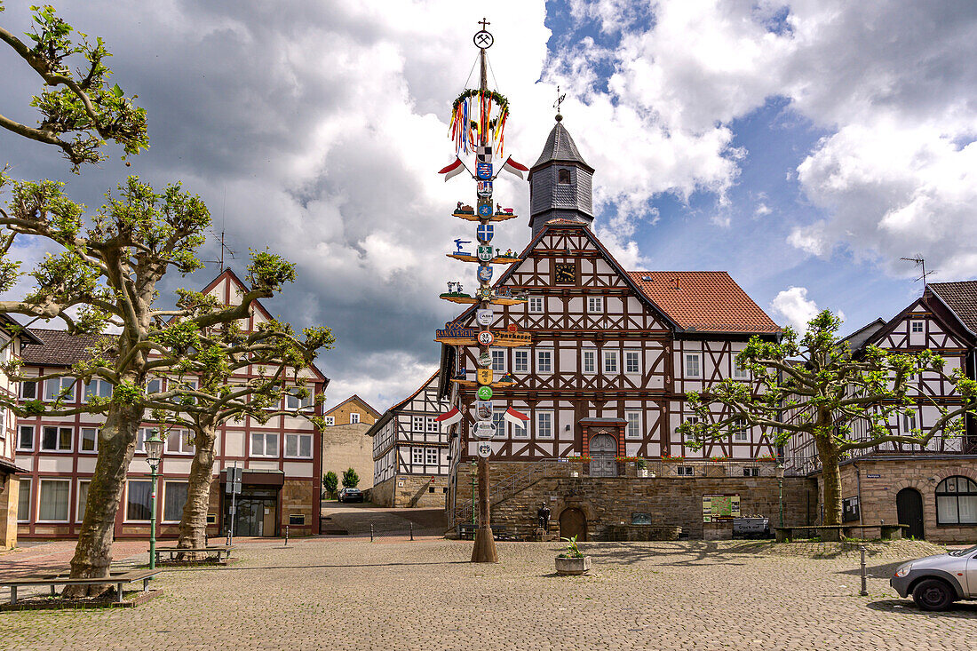  Maypole and town hall of Sontra, Hesse, Germany  