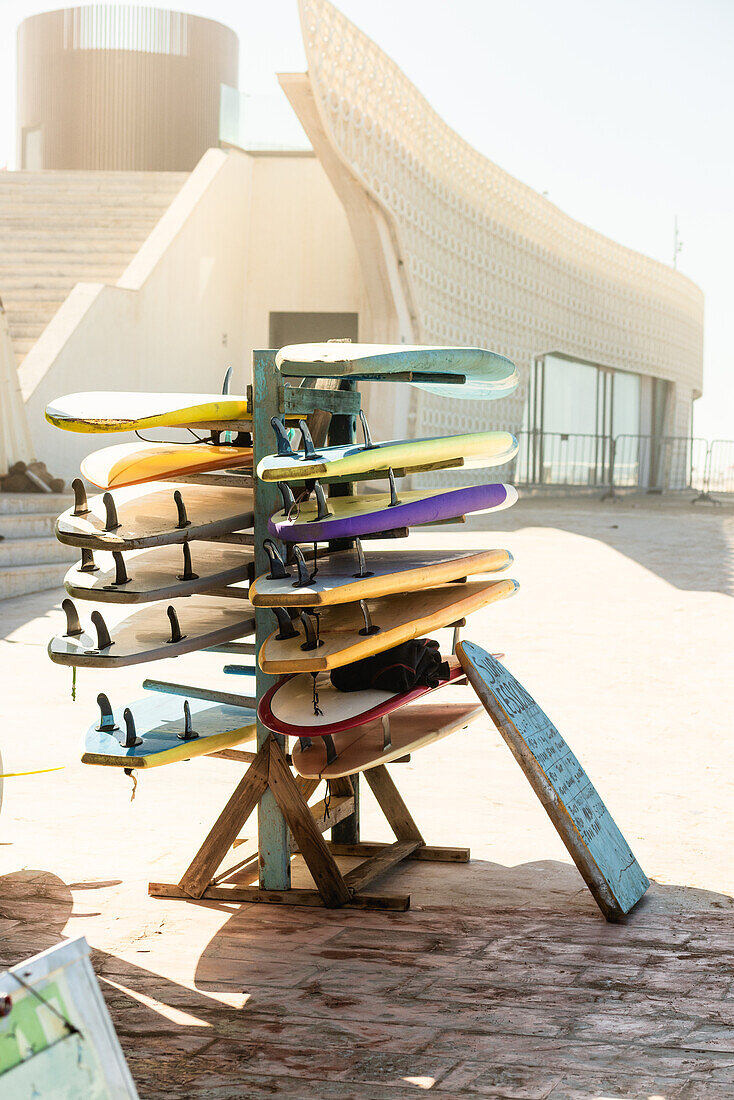  Surfboards at lunchtime at Rabat Beach, Morocco. 