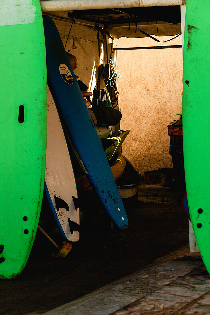  Surfboards at lunchtime at Rabat Beach, Morocco. 