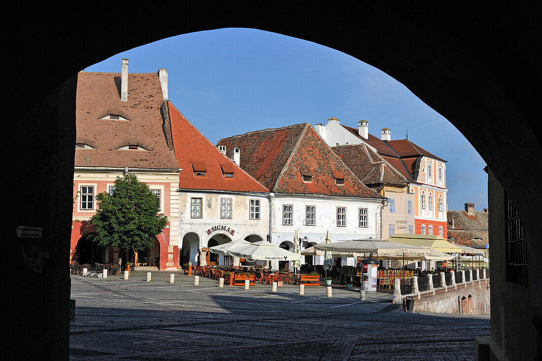 passage under the Council Tower on the Grand Square toward the Small Square,Sibiu,Transylvania,Romania,Southeastern and Central Europe