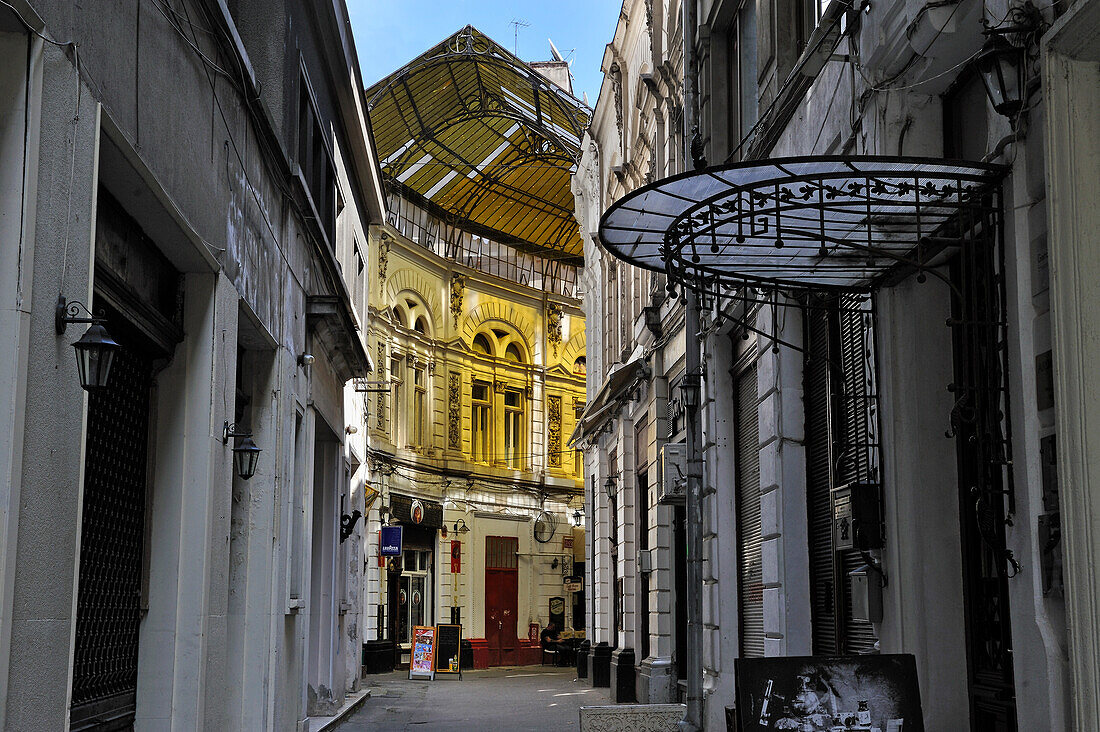 Pasajul Macca-Vilacrosse is a  yellow glass covered arcaded street in Lipscani district, central Bucharest,Romania,Southeastern and Central Europe