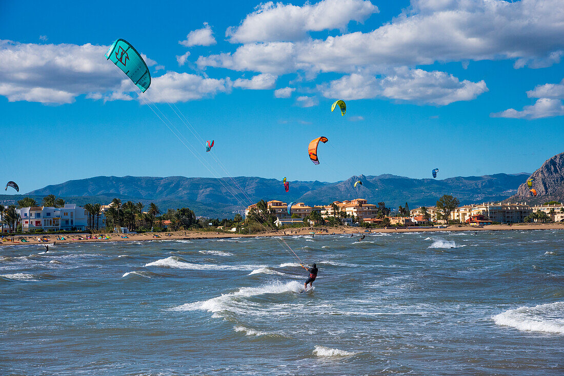  Kitesurfer on the beach of Denia Els Molins, Costa Blanca, Alicante Province, Spain 