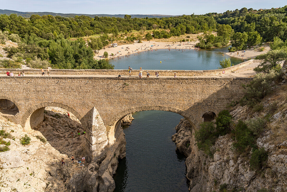  Bridge and beach of the Pont du Diable near Saint-Jean-de-Fos, France, Europe 