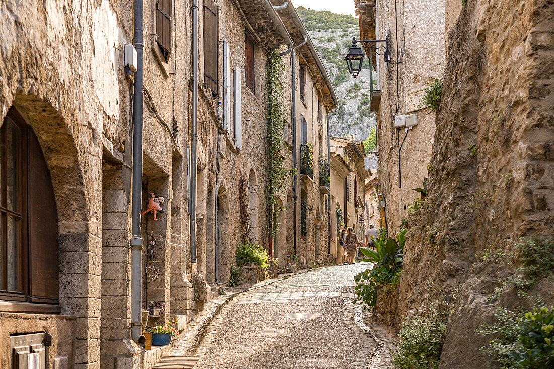  Narrow alley in the medieval village of Saint-Guilhem-le-Désert, France, Europe 