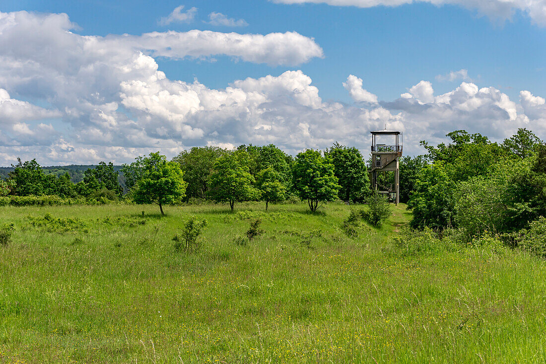  Observation tower of the former US military base Point India on the inner-German border near Lüderbach, Ringgau, Hesse, Germany  