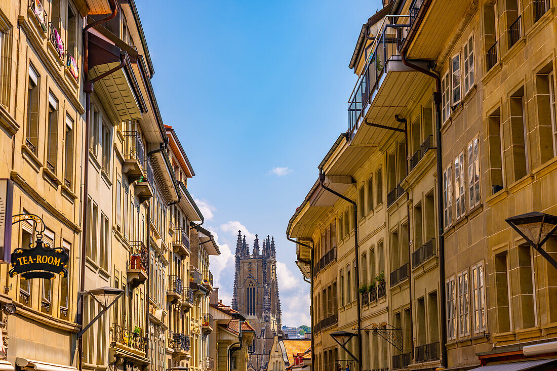 City Street with Cathedral Tower  in a Sunny Summer Day in City of Fribourg, Canton Fribourg, Switzerland.