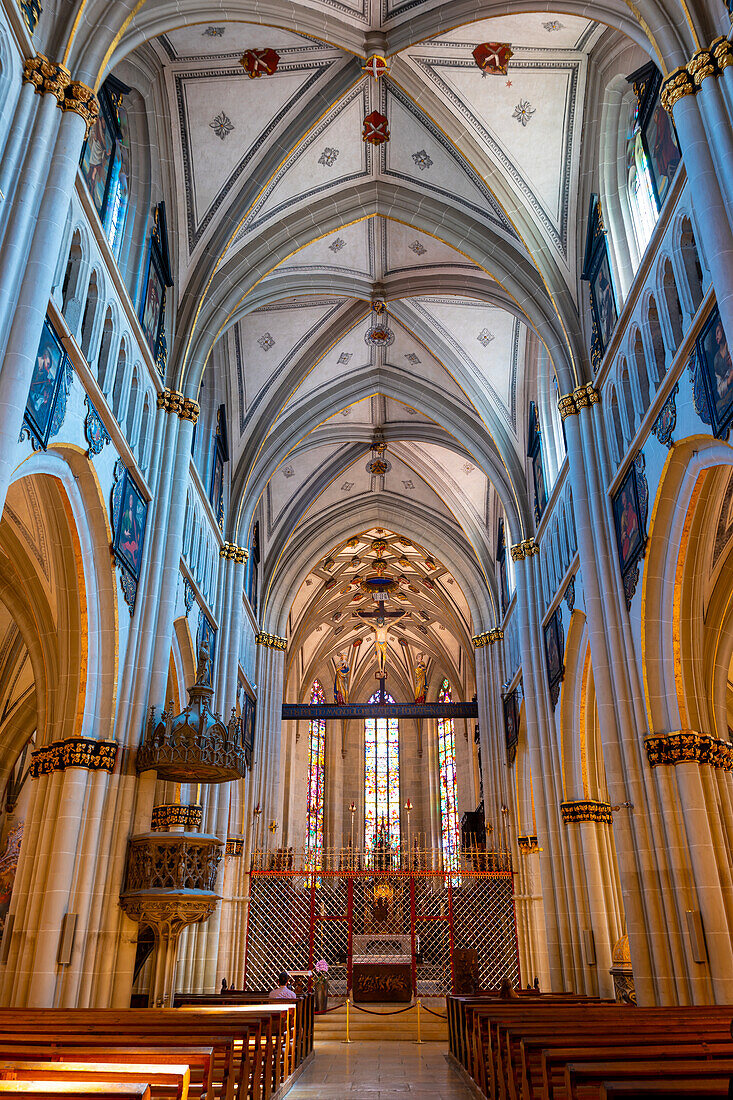 Inside the Cathedral in Old Town Medieval in a Sunny Summer Day in Fribourg, Canton Fribourg, Switzerland.