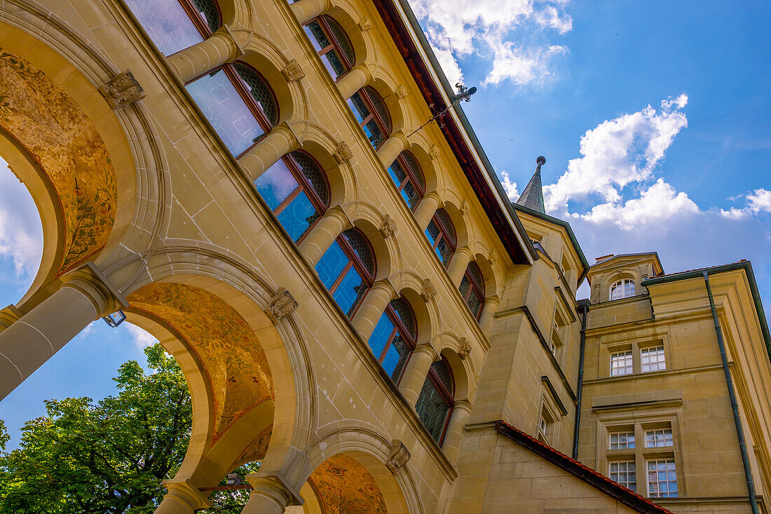 Beautiful House with Tower in Old Town in a Sunny Summer Day in Fribourg, Canton Fribourg, Switzerland.