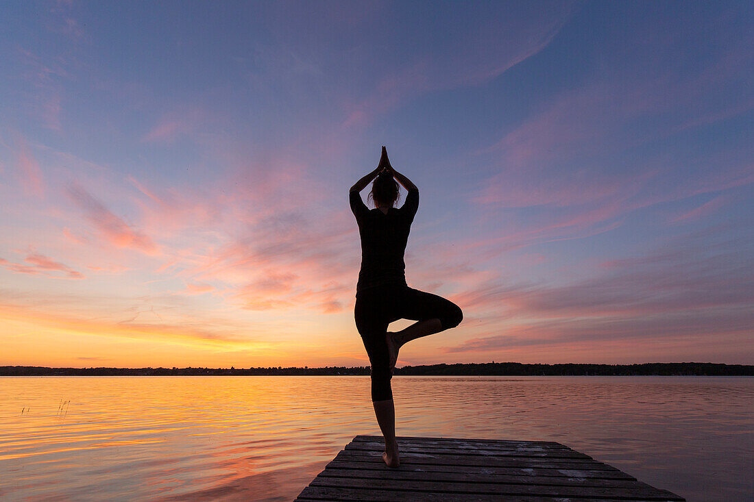  Woman doing yoga exercises on a jetty by the lake, yoga tree figure, Schleswig-Holstein, Germany 