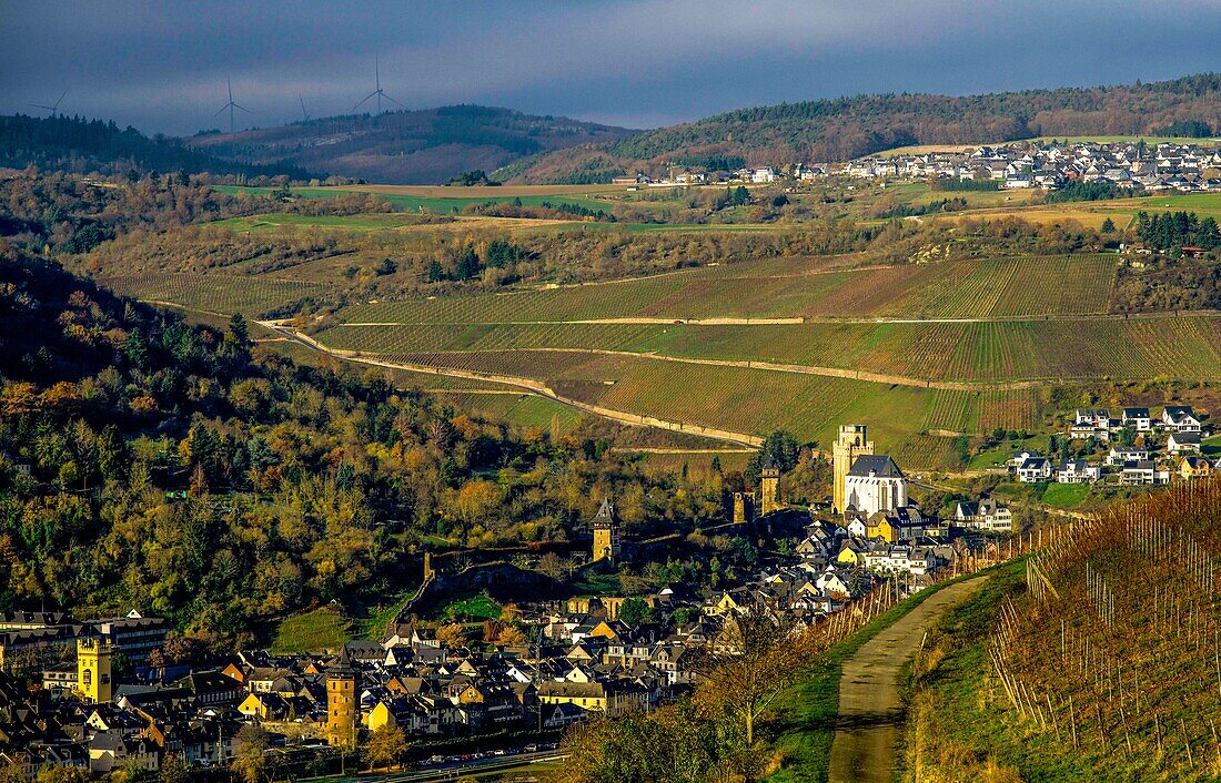  View from the vineyards near Kaub to the old town of Oberwesel, vineyards in the background, Upper Middle Rhine Valley, Rhineland Palatinate, Germany 