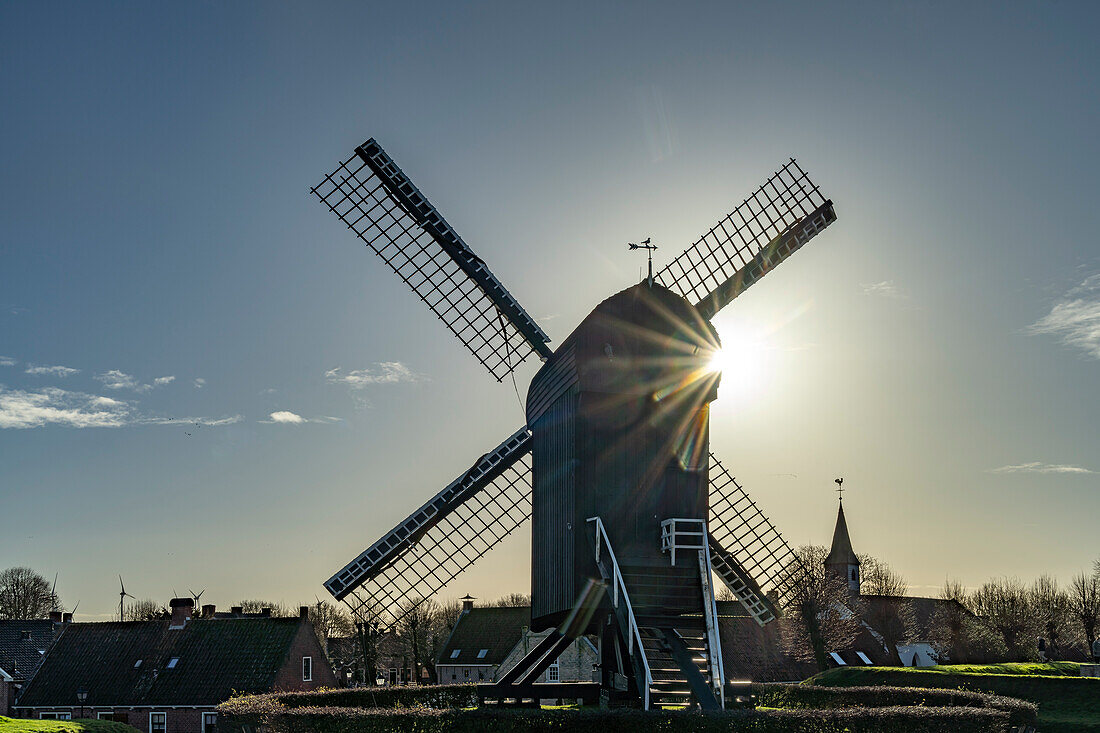  Windmill of the inhabited former fortress Bourtange, Groningen, Netherlands  