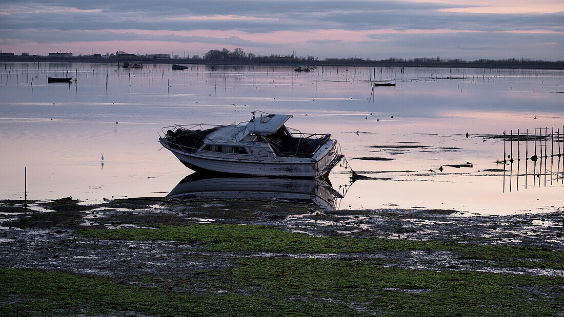  Image of the swamp landscape at sunset, in the foreground a motorboat, Laguna of Venetia, Chioggia, Veneto, Italy, Europe 