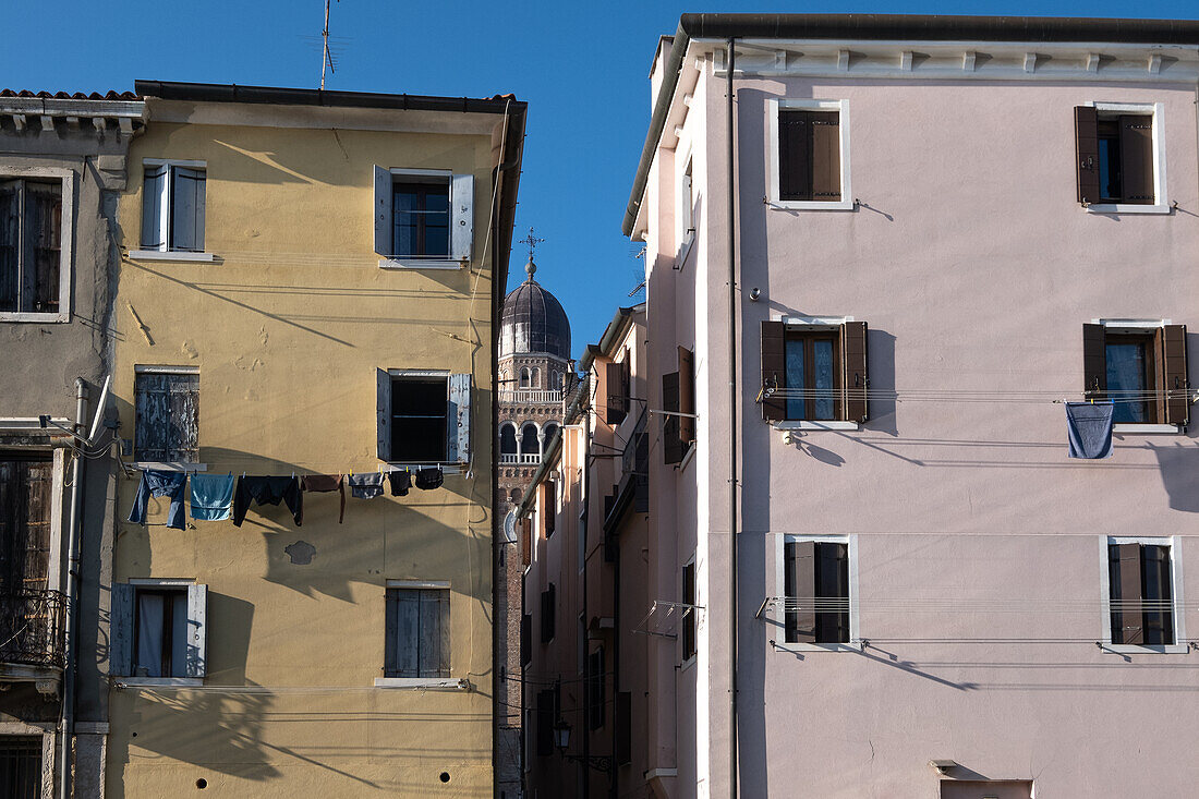  View of the bell tower of the Cathedral of Santa Maria Assunta, Cathedral of Chioggia, Chioggia, Lagoon, Veneto, Italy 