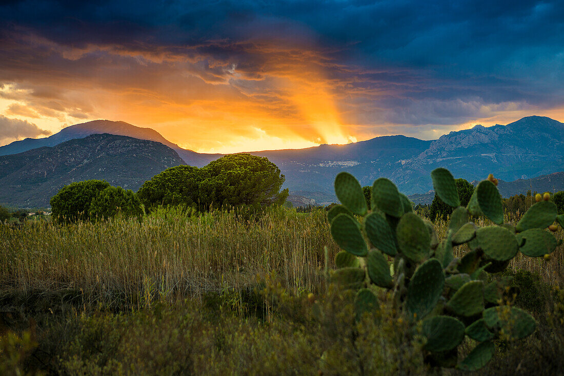 Sonnenuntergang, Santa Maria Navarrese, Nationalpark Golf von Orosei, Baunei, Nuoro, Sardinien, Italien