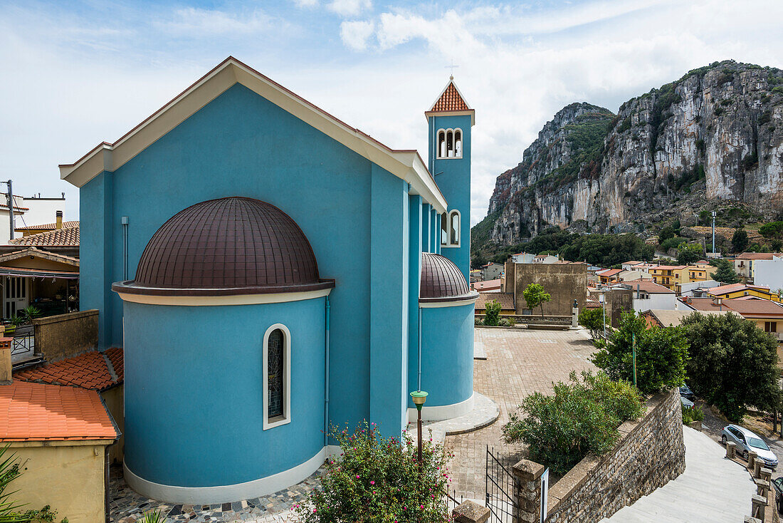  Picturesque village and blue church, Chiesa di Sant&#39;Antioco, Ulassai, Ogliastra Province, Sardinia, Italy 