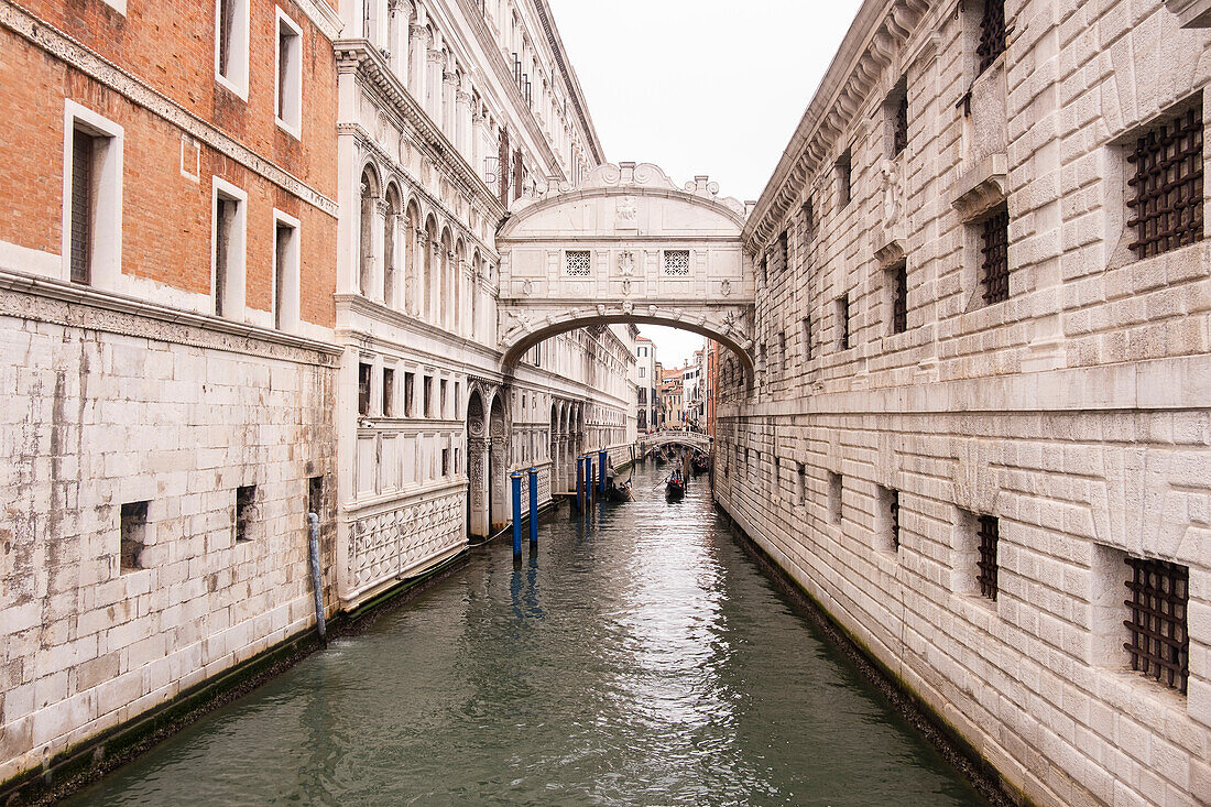 The 'Ponte dei Sospiri' (bridge of Sighs) in Venice, Italy. It passes over the Rio di Palazzo, and connects the New Prison (Prigioni Nuove) to the interrogation rooms in the Doge's Palace. Designed by Antonio Contin, it was built in 1600.