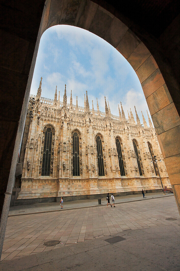 A view through an arch of the northern wall of the Duomo Cathedral in Milan, Italy.