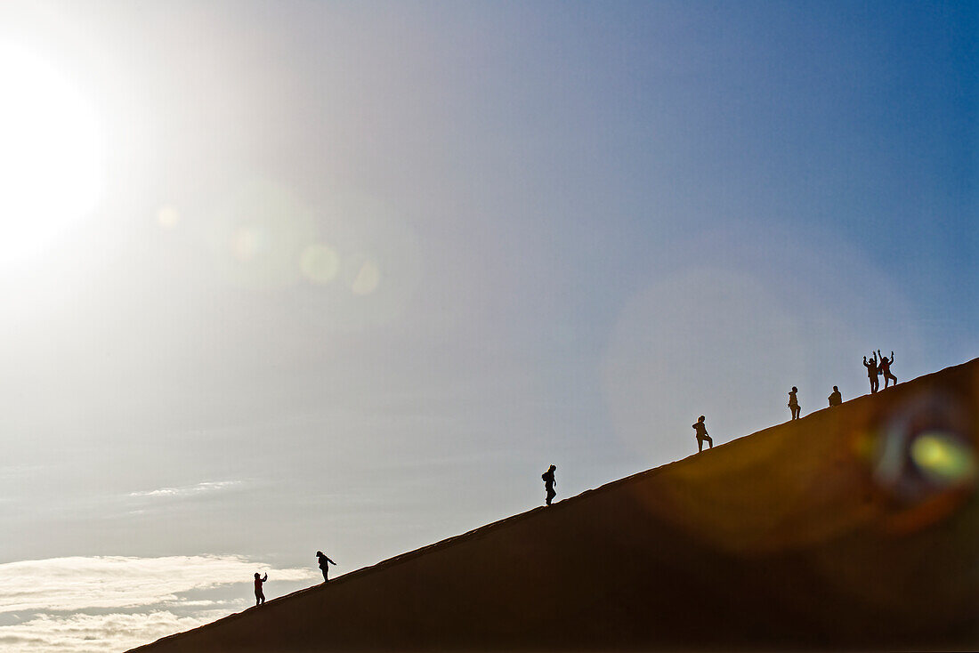  Tourists climbing a sand dune, Sossusvlei, Namib-Naukluft National Park, Namibia, Africa 